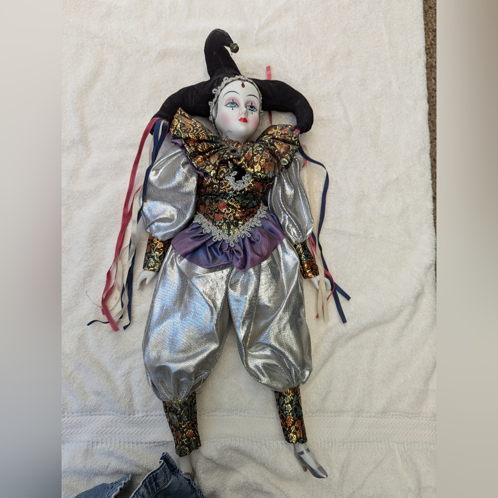 Harlequin Jester Doll with Silver and Multicolor Outfit